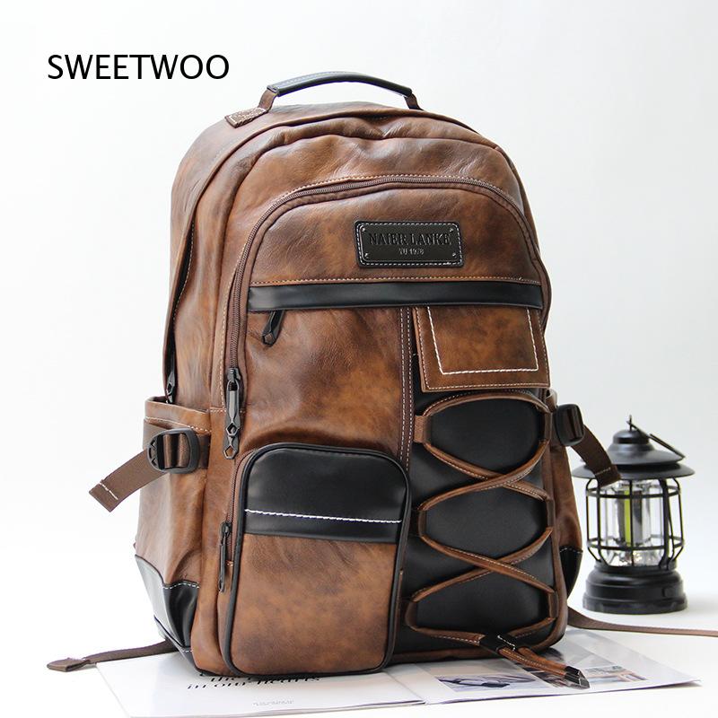 Leather Backpack Vintage - Bruine herenrugzak van kunstleer met kleurblokken,